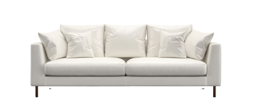 A stylish and modern white sofa adorned with plush cushions, set against a minimalist background, perfect for enhancing contemporary living spaces and interior design inspiration