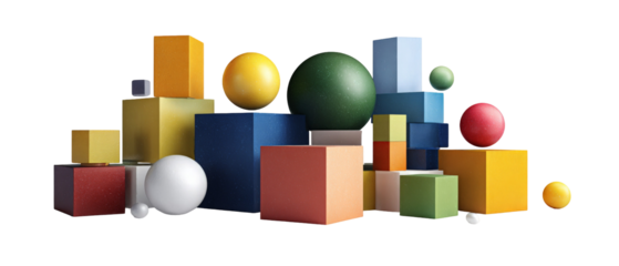 A vibrant arrangement of geometric shapes including cubes, spheres, and cylinders in various colors, showcasing a playful art installation against a neutral background