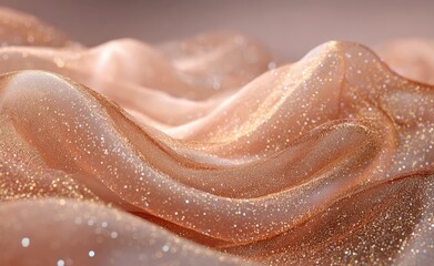 Fototapeta premium A stunning 3D render features a delicate, transparent fabric in light peach, elegantly shimmering with golden glitter and soft wave patterns, enhanced by gentle lighting and ample space for text.