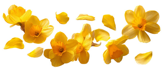 A vibrant display of yellow daffodils gracefully scattered with petals, set against a clean background, symbolizing spring's arrival and beauty in floral arrangements