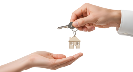 Real estate agent's hand giving house keys to a new homeowner. Isolated on transparent background, png