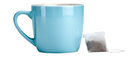 A light blue ceramic mug filled with hot tea, accompanied by a teabag, set against a clean white background, ideal for promoting relaxation and beverage enjoyment