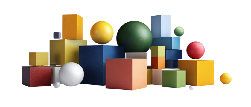 A vibrant arrangement of geometric shapes including cubes, spheres, and cylinders in various colors, showcasing a playful art installation against a neutral background - Powered by Adobe