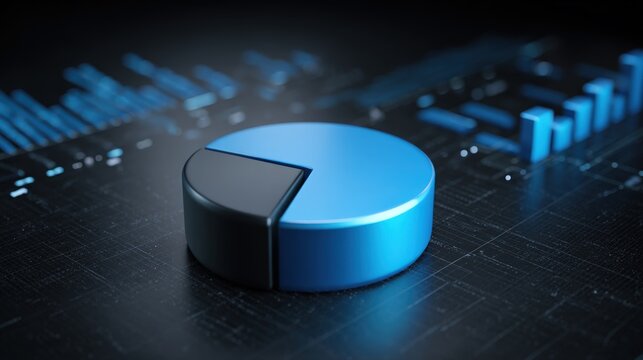 A vibrant 3D pie chart with a blue glow contrasts against a black background, illustrating financial data with a sleek, modern aesthetic in a high-angle view.