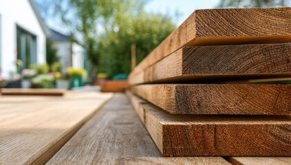 An extreme close-up showcases wooden planks ready for house steps, set on a sunlit deck in front of a modern home, with a softly blurred background and ample copy space.