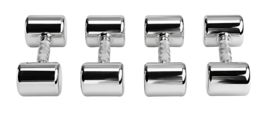 A set of four shiny, chrome dumbbells arranged in a row, showcasing their sleek design and reflecting light, ideal for fitness-related content and gym equipment promotions