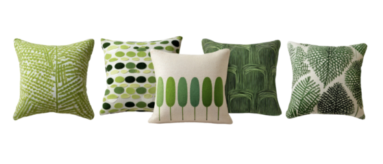 A collection of five decorative cushions featuring various green patterns, arranged in a stylish manner against a neutral background, ideal for home decor inspiration