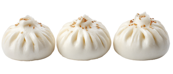 Three beautifully steamed dumplings with delicate pleats and a sprinkle of sesame seeds, placed on a clean surface, ready to be served as a delicious meal
