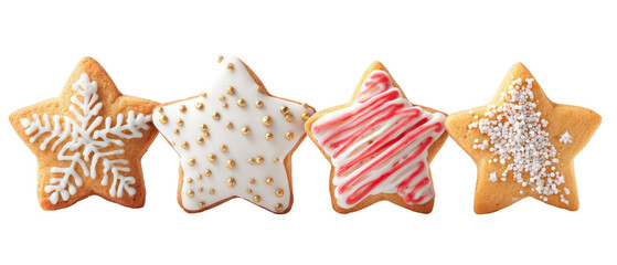 Festively decorated star-shaped cookies with intricate icing designs, arranged in a row against a clean background, ideal for holiday-themed culinary presentations