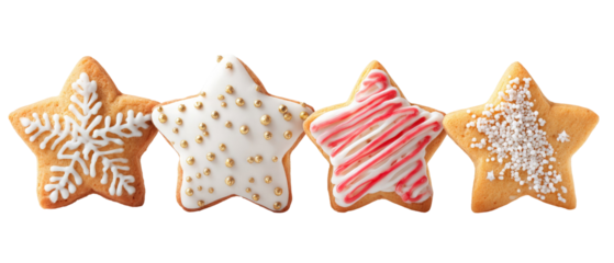 Festively decorated star-shaped cookies with intricate icing designs, arranged in a row against a clean background, ideal for holiday-themed culinary presentations
