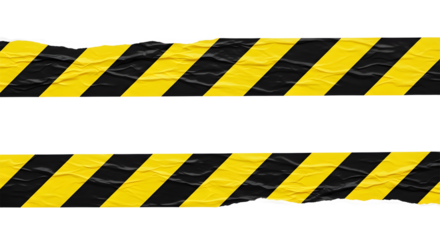 Two strips of wrinkled yellow and black striped caution tape for restricted areas. Isolated on transparent background, png�
