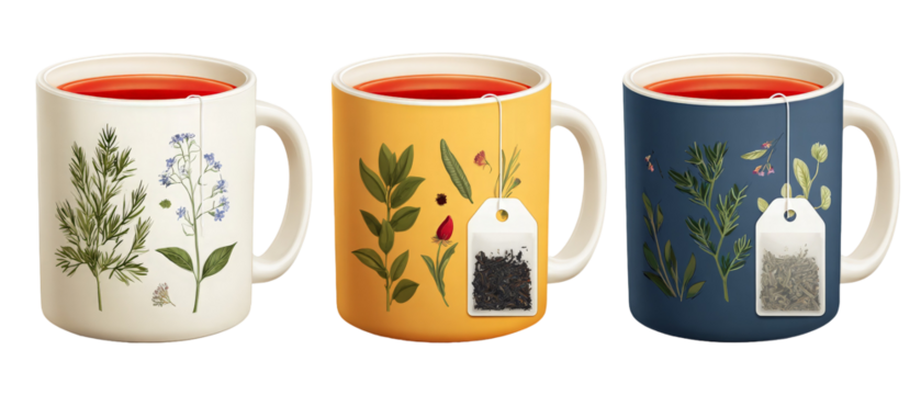 Three beautifully designed tea mugs featuring botanical illustrations, filled with vibrant herbal tea, set against a clean background, ideal for promotional use in beverage marketing - Powered by Adobe