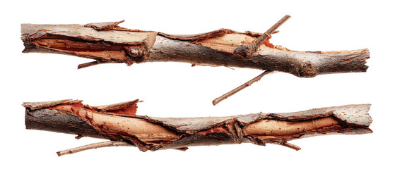 Fototapeta premium Two rustic tree branches with rough bark and exposed wood, arranged parallel, showcasing their natural texture and color, set against a simple white background for clarity