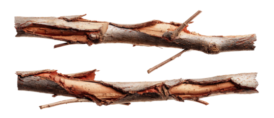 Two rustic tree branches with rough bark and exposed wood, arranged parallel, showcasing their natural texture and color, set against a simple white background for clarity