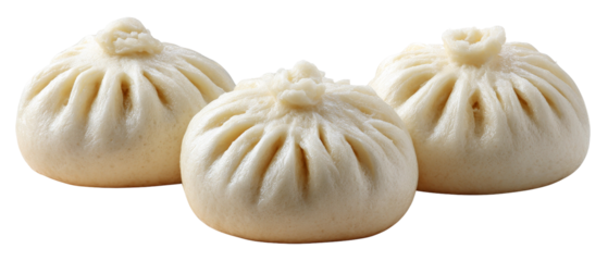 Three freshly steamed dumplings arranged neatly on a clean surface, showcasing their delicate pleated tops, with a soft, warm background suggesting a cozy kitchen atmosphere