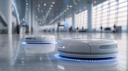 In a bustling modern airport hall, two sleek, round robot vacuum cleaners glide effortlessly over blue LED-lit flooring, showcasing advanced technology and a bright, futuristic ambiance.