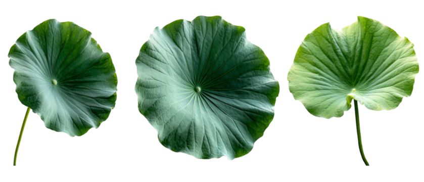 Three vibrant green lotus leaves arranged artistically, showcasing their intricate patterns and textures against a transparent background, ideal for nature-themed designs
