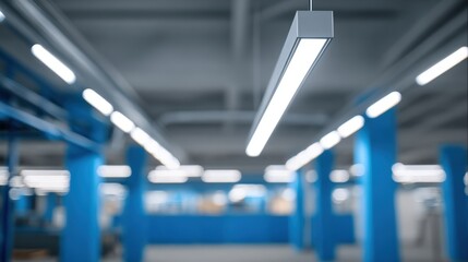 A close-up of a sleek LED ceiling light illuminates a modern office space, complemented by blue columns in an industrial hall, creating a bright and minimalist atmosphere.