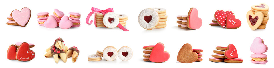 Set of different cookies for Valentine's Day on white background