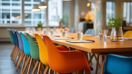 Colorful conference room interior vibrant meeting space modern seminar venue creative business environment contemporary design professional setting with copy space