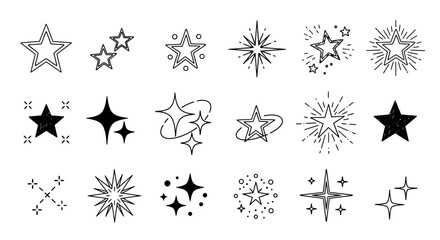 A diverse collection of hand-drawn star icons in a black and white doodle style. Set of vector sparkling, twinkling, and shining starburst symbols for decoration
