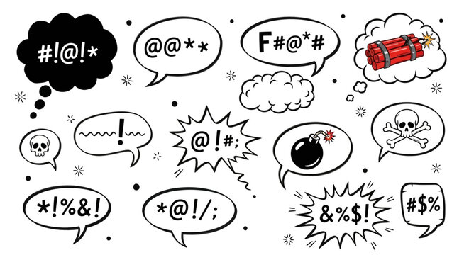 Hand-drawn comic bubbles with censorship symbols for bad language. A graphic set of angry expressions and profanity icons