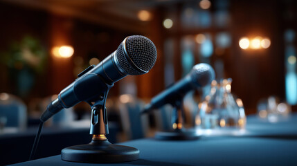 Microphones in empty conference hall vacant venue professional equipment meeting preparation seminar setup business event space with copy space