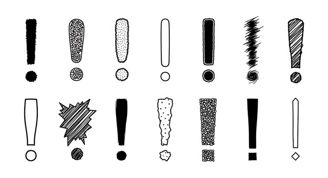 A diverse collection of hand-drawn exclamation marks in various styles, offering a range of emphatic graphic symbols for design projects