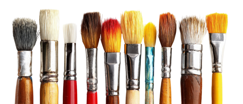 A vibrant collection of artist paintbrushes arranged in a row, showcasing various bristle types and colors, perfect for illustrating creativity and the art-making process