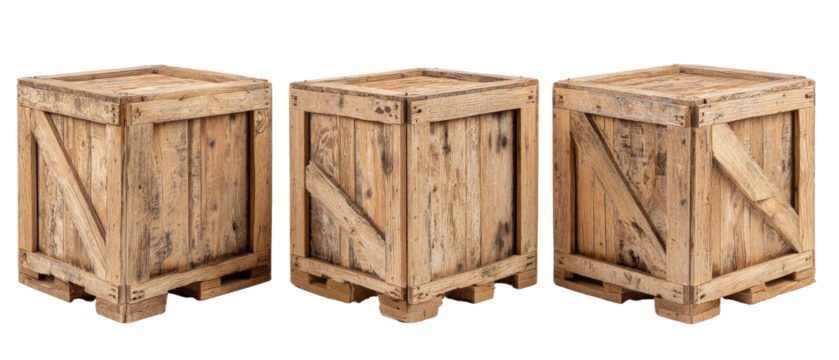 Three rustic wooden crates stacked in a row, showcasing their weathered texture and natural wood grain, set against a plain background, ideal for storage or decorative use