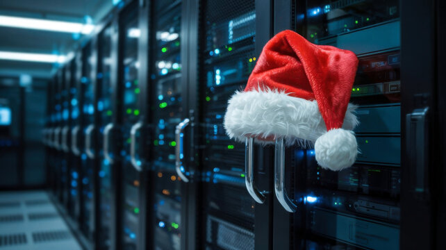 High-tech server room with glowing blue server racks. A bright red Santa Claus hat hangs on one of the metal handles. - Powered by Adobe