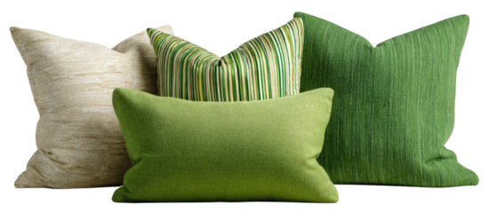 A collection of decorative throw pillows in various shades of green and beige, arranged artistically against a neutral background, perfect for enhancing home decor aesthetics