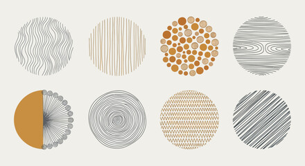A modern graphic collection of abstract circular shapes, featuring diverse hand-drawn line art, dot patterns, and organic textures for contemporary design