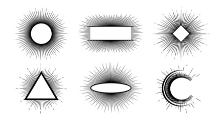 A minimalist set of geometric sunburst frames and borders. Abstract vector illustration with radiating lines for graphic design elements