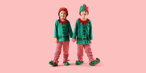 Cute little elves holding hands on pink background