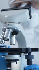 Medical virologist in a hazmat suit, mask, and gloves, diligently working at a microscope in a laboratory researching viruses. Healthcare and science concept