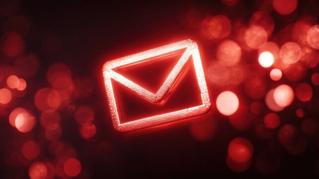 A vibrant red glowing email icon stands out against a blurred bokeh background, embodying the essence of digital communication and technology with a captivating light effect.