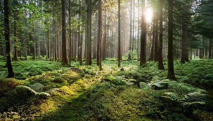 Obraz premium Mossy Forest Clearing With Ferns And Soft Light Through Tall Trees