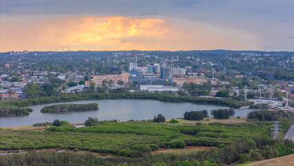 Aerial Drone View of Wentworth Point and Rhodes a suburb in western Sydney newly built residential...