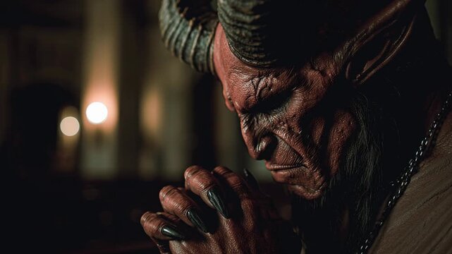 4k video of a devil praying in a church.