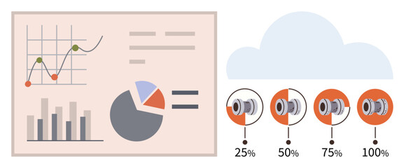 Graphs, pie chart, bar graph, and percentage dial progression with a cloud graphic. Ideal for data analysis, progress tracking, cloud technology, business insights, growth reporting simple flat