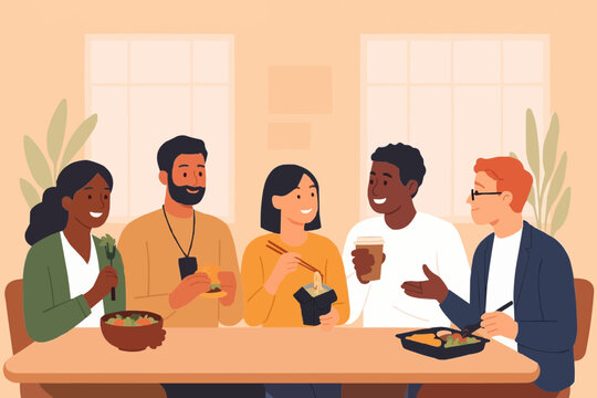 Flat vector of diverse coworkers enjoying lunch together in office cafeteria, casual and friendly atmosphere