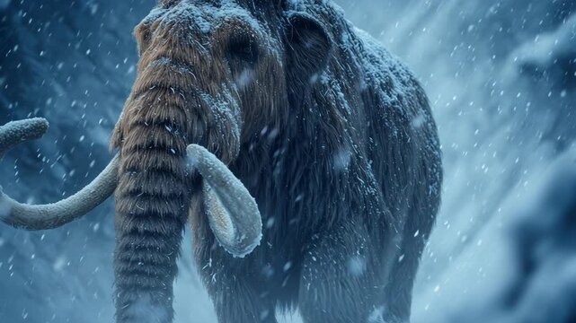 4k video of a mammoth walking in a snow.