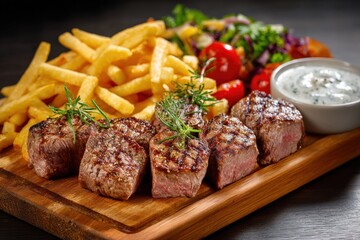 Succulent cubed grilled steaks served with crispy fries and creamy ranch dressing on a rustic wooden board, inviting a delicious and satisfying meal experience.