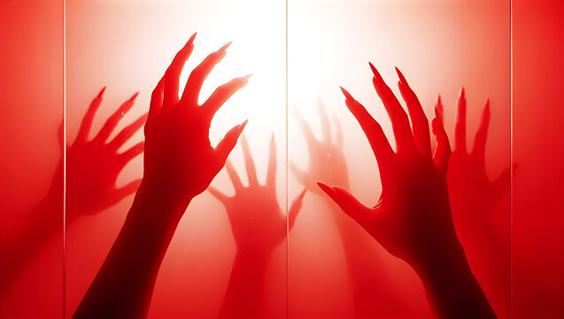 Red lit dramatic silhouette of long clawed hands reaching out from behind a translucent frosted glass surface, creating a terrifying and fearful atmosphere of danger.