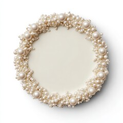 Obraz premium An elegant, minimalistic cream label surrounded by lustrous pearls on a clean white background, creating a sophisticated and versatile design for product packaging or branding.