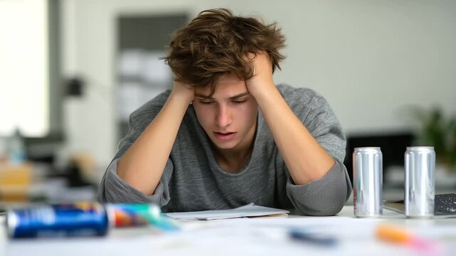 Student with messy desk, energy drink cans, stressed about exams, head in hands student burnout, academic stress, overwork, exam pressure, fatigue, depression
