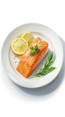 Salmon fillet on a white plate with a lemon wedge and fresh herbs