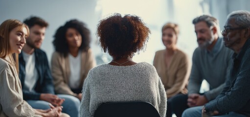 A diverse group gathers in a bright room, engaged in a support session led by a confident woman. The atmosphere of unity and healing fosters open communication and connection.