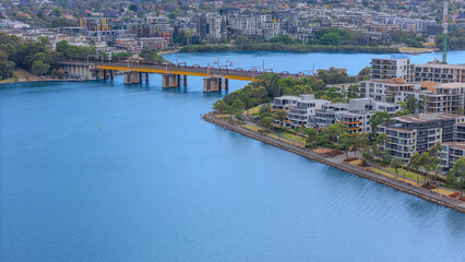 Aerial Drone View of Wentworth Point and Rhodes  a suburb in western Sydney newly built residential...